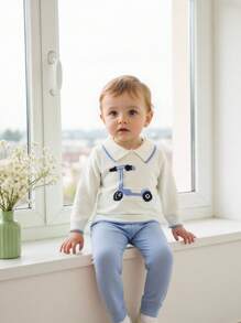 SHEIN Playful Pals 2pcs Baby Boy Casual Sweater Co-Ord Set - White Sweater With Toy Car Pattern + Knitted Blue Pants, Soft & Comfortable For Daily, Outing, Travel, Holiday, Home, Daycare, And Play Fall Winter - Blue and White - View 5