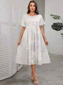 SHEIN Clasi Plus Size Women Plant Pattern Round Neck Batwing Short Sleeve Casual Dress - White - View 5