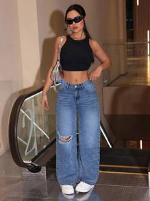 SHEIN EZwear 大码女式做旧个性化时尚直筒牛仔裤 - 藍色 - 查看 5