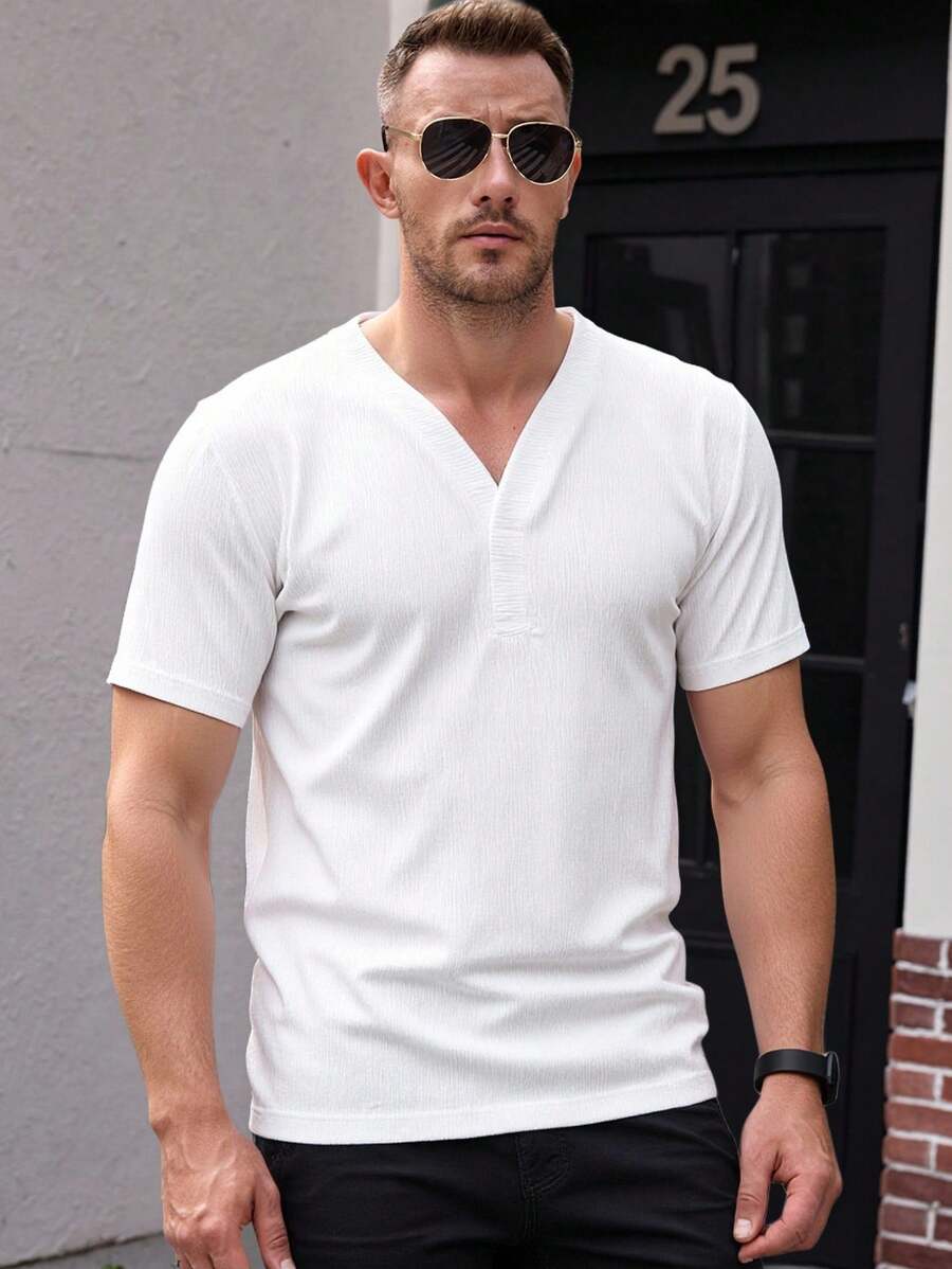 Manfinity VCAY Men's Casual Solid Color Short Sleeve Shirt, Summer Men V Neck Ribbed Men White V Neck Men White Top Men Textured Shirt White Short Sleeve Shirt