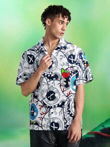 MADBALLS X SHEIN 男士卡通图案前扣休闲短袖衬衫 - 白色 - 查看 5