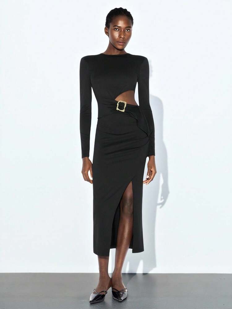 SHEIN Maija Women's Stylish Hollow Out Waist Buckle Solid Color High Slit Hem Long Dress For Spring/Autumn Cut Out Dress Side Cut Out Dress Slit Dress Split Thigh Dress Hollow Out Dress Wedding Guest Dress Women Elegant Dresses For Party Black Dresses For Women Dresses For Women Elegant Black Formal Dress Women Going Out Dress Modest Dresses For Women Fall Women Clothes Fall Outfits Women Autumn Clothes Birthday Dresses For Women Birthday Outfits For Women Halloween Halloween Clothes Halloween Clothes Women Wedding Guest Dress Women Wedding Guest Dress Dress For Wedding Guest Fall Clothes For Women Halloween Clothes Women