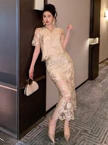 DAZY Women's Elegant Lace Round Neck Blouse And Skirt 2 Pieces Set - Beige - View 4