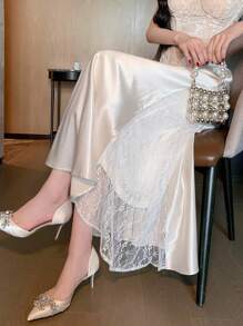 DAZY Chân váy ren ghép mảnh thanh lịch dành cho nữ, mùa thu - Màu be - Xem 9