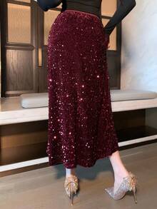 DAZY Autumn Elastic Waist Sequin Mermaid Skirt For Women, Christmas Winter New Years Carnival - Burgundy - View 2