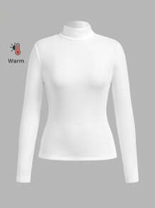 SHEIN BASICS 秋冬季基本款高领修身长袖纯色女式上衣，升级保暖内衬，时尚、休闲、舒适、百搭，不会显得臃肿 - 白色 - 查看 9