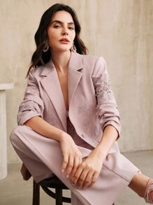 Anewsta Elegant Lace Embroidered Sheer Long Sleeve Women Blazer Jacket