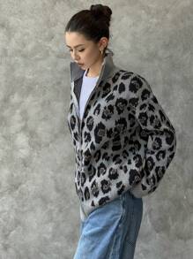 DAZY 豹纹宽松时尚百搭女士长袖拉链开衫 - 深灰色 - 查看 4