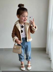 SHEIN 女婴保暖内衬拉链夹克，带翻领，卡其色，适合女婴，温暖冬季外套，适合户外、派对、雪地玩耍