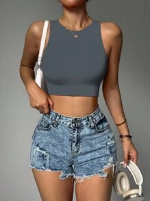 Yoga Trendy Seamless Raglan Sleeve Crop Sports Tee Fitted Shirtworkout Tank Top - Grey - View 3