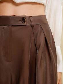 Arave Pantalones casuales plisados de diseño de cuero sintético estilo francés holgado para ir al trabajo, vuelta al colegio, otoño, primavera - Café integral - Ver 6