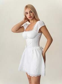 Sweetina Vestido mini con decoración de lazo bordado hidrosoluble - Blanco - Ver 6