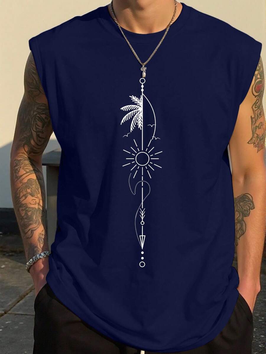 Manfinity EMRG Men's Summer Casual Vacation Tropical Coconut Tree & Sun Print Loose Tank Top - Royal Blue - View 1