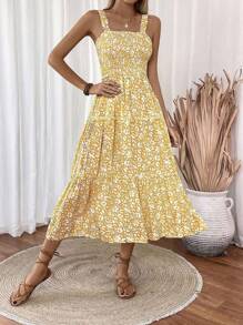 Breezaya 女士休闲碎花细肩带连衣裙，适合度假穿着 - 黃色 - 查看 6