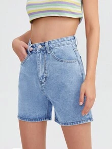 SHEIN EZwear 女式宽松休闲百搭牛仔短裤，带口袋 - 淺色水洗藍 - 查看 5