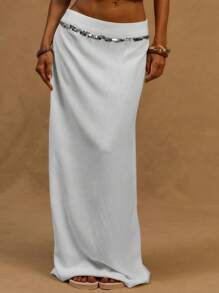 MUSERA Chân váy maxi cổ bẻ viền sequin giả vải lanh, thích hợp cho kỳ nghỉ hè ở Ibiza, đi biển, phong cách thanh lịch, sang trọng, lễ Phục sinh. - trắng - Xem 1