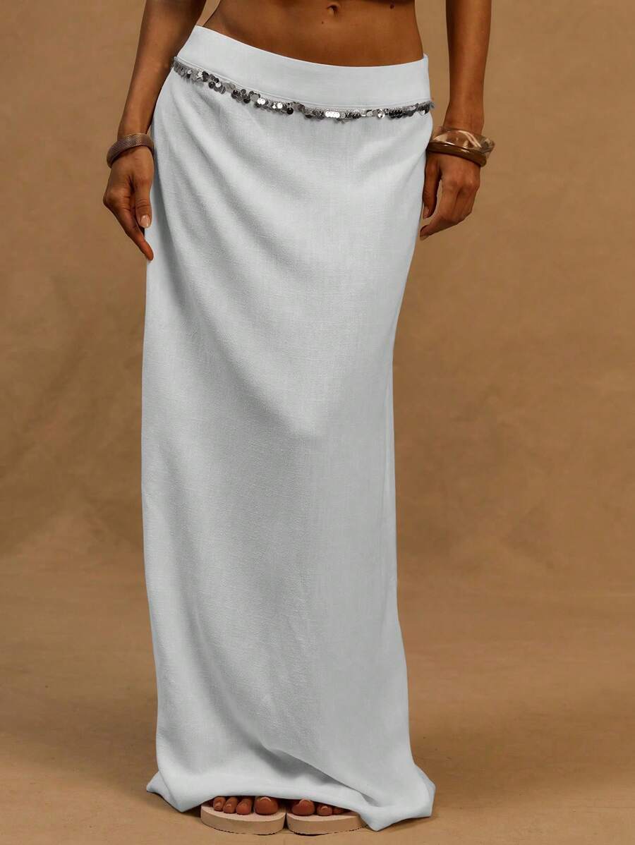 MUSERA Chân váy maxi cổ bẻ viền sequin giả vải lanh, thích hợp cho kỳ nghỉ hè ở Ibiza, đi biển, phong cách thanh lịch, sang trọng, lễ Phục sinh. - trắng - Xem 1