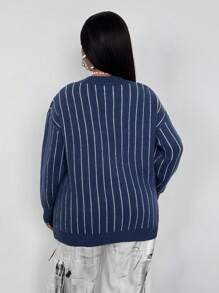 Maweii 大码休闲条纹刺绣开衫 - 藍色 - 查看 7