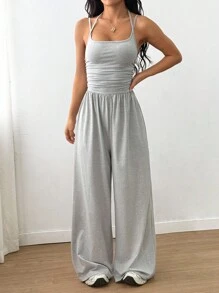 Flirla Women's Casual Pleated Loose Straight Leg Jumpsuit, Spring/Summer - Light Grey - View 3