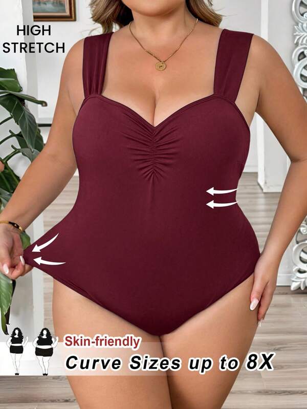SHEIN CURVE+ Mono de punto con frente plisado para mujer talla grande, color negro, elástico, para primavera/verano
