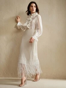 Anewsta 女式优雅纯色流苏下摆长裙 - 杏色 - 查看 3