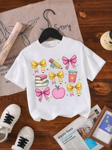 SHEIN 1 Stück Kleine Mädchen Lässig Süß Bleistift Muster Rundhals Kurzarm T-Shirt, Geschenk für Kleine Mädchen zur Einschulung, süßes Set für 90er Jahre Kinder, Schleife Kleine Mädchen Einschulung