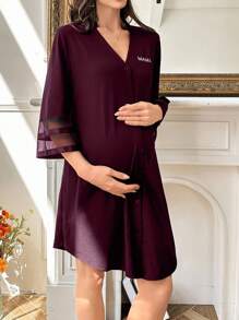 Chiffon Patchwork 3/4 Sleeve Loose V-Neck Cardigan Maternity Loungewear Dress