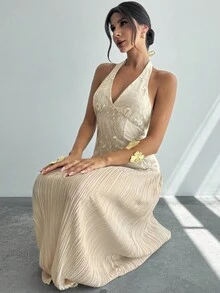 Firerie Women's Elegant Romantic Delicate Daily Vacation Party Ball Halter Backless Embroidery Textured Fabric Bodycon Pleated A-Line Apricot Maxi Dress, Summer