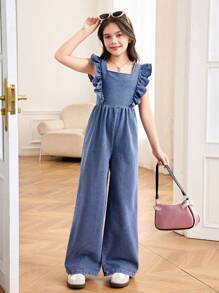 SHEIN Tween Girls Spring Summer Break Solid Washed Sleeveless Backless Openback Jumpsuit With Bowknot And Ruffle Trim,Casual Style And Casual Fit,Girls Summer Beach Boho Vacation Casual Outfits,Rave Concert Festival Outfits