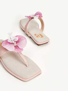 CUCCOO CHICEST 女士亚麻平底凉鞋，3D 鸢尾花装饰，优雅甜美休闲时尚舒适一脚蹬春夏季鞋，适合下午茶、约会、海滩度假 - 粉色 - 查看 10