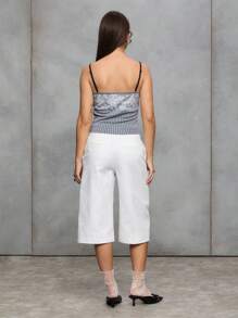 TypaGal 夏季休闲条纹撞色蕾丝吊带背心 - 灰色 - 查看 2