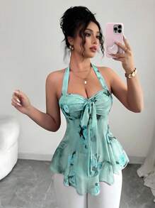 Elenzga Áo hai dây rút eo họa tiết hoa mùa hè cho nữ, phong cách kỳ nghỉ thường ngày, lưới co giãn, gợi cảm, hở vai - màu xanh lá - Xem 1