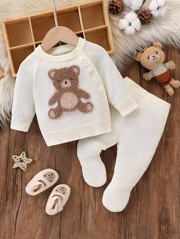 SHEIN Vintaside Kids طقم كنزة صوفية كروشيه للأطفال الصغار بتصميم خرس كرتوني جميل ، ملابس خارجية