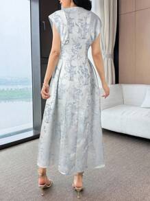 Modelyn 女士花卉提花圆领束腰优雅中长连衣裙 - 藍色 - 查看 2