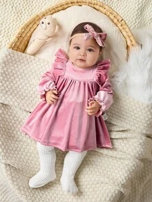 SHEIN 新生女婴优雅可爱天鹅绒荷叶边长袖连衣裙 - 淺粉色 - 查看 3