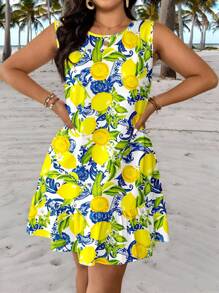 Veykashi 大码女装节日复古假日风格法式夏季清新可爱柠檬图案印花系带无袖休闲连衣裙 - 黃色 - 查看 3