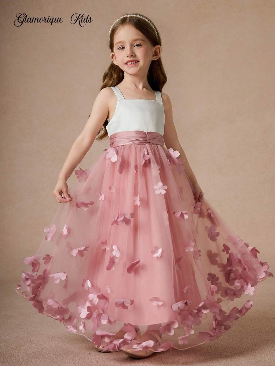 Glamorique Kids Young Girl Birthday Party Princess Dress Piano Performance Tulle Dress, Stylish Flower Girl Wedding Pageant Ceremony Show Outfit Pink Flower Girl Dresses Girls Pink Dress With 3d Flowers Long Dresses For Kids Long Flower Girl Dress