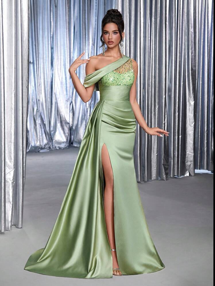 Glamrae Elegant & Luxurious Olive Green Sleeveless Backless Beaded Embroidered Satin Ruched Maxi Dress, Suitable For Weddings, Singles' Parties, Vacations, Balls, Formal Events (High-End Edition) - Green - View 4