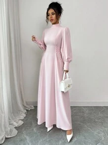 Elenzga Váy midi cổ cao tối giản thanh lịch dành cho nữ, phù hợp mặc đi làm, đi nghỉ, đi biển, trà chiều, tiệc tùng, cổ điển, giáo viên, màu trơn, màu tương phản, trang trí ngọc trai, thắt eo bên hông, tay áo loe hình lồng đèn, dáng chữ A, xuân/thu/đông - Hồng - Xem 4