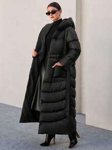 CLARA VERO Women Solid Color Belted And Pocket Detailed Long Winter Coats Long Winter Coat Women Womens Outerwear Long Puffer Coat Women Womens Puffer Jacket Womens Long Down Coat