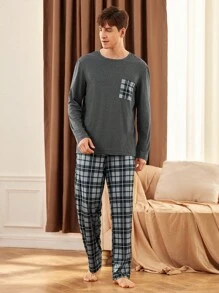 SHEIN Men's Patchwork Pocket Long Sleeve Top And Plaid Long Pants Pajama Set, Fall Winter Clothes - Grey - View 4