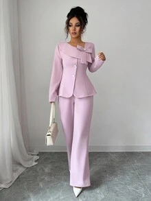 Selianne Bộ vest thời trang thu đông 2 món gồm áo khoác blazer cổ ve lật + quần - Màu Hồng baby - Xem 3