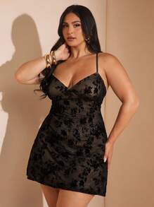 SHEIN BAE 大码女式初秋植绒优雅派对连衣裙 - 黑色 - 查看 6