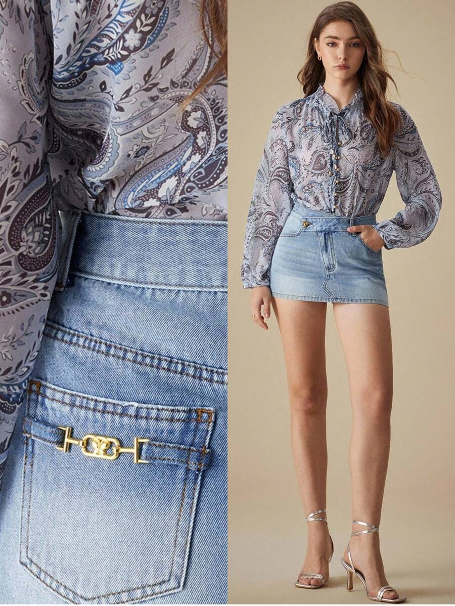 SHEIN BAE Women Asymmetric Waist Pockets Casual Short Denim Mini Skirt - Blue - View 1