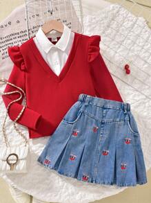 Sparklyn Tween Girl 2 In 1 Ruffle Trim Shirt And Cherry Embroidered Denim Pleated Skirt Set Fall Winter
