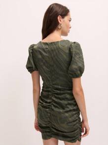 Nöista Nöista Mini Dress With Textured Swirl Pattern, Puff Sleeves, And A Bodycon Ruched Silhouette. Perfect For Making A Statement At Parties, Nights Out, Or Any Special Occasion.