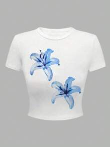 Áo thun cổ tròn ôm sát in họa tiết hoa cho bé gái tuổi teen, thoải mái và dễ chịu cho mùa hè - trắng - Xem 5