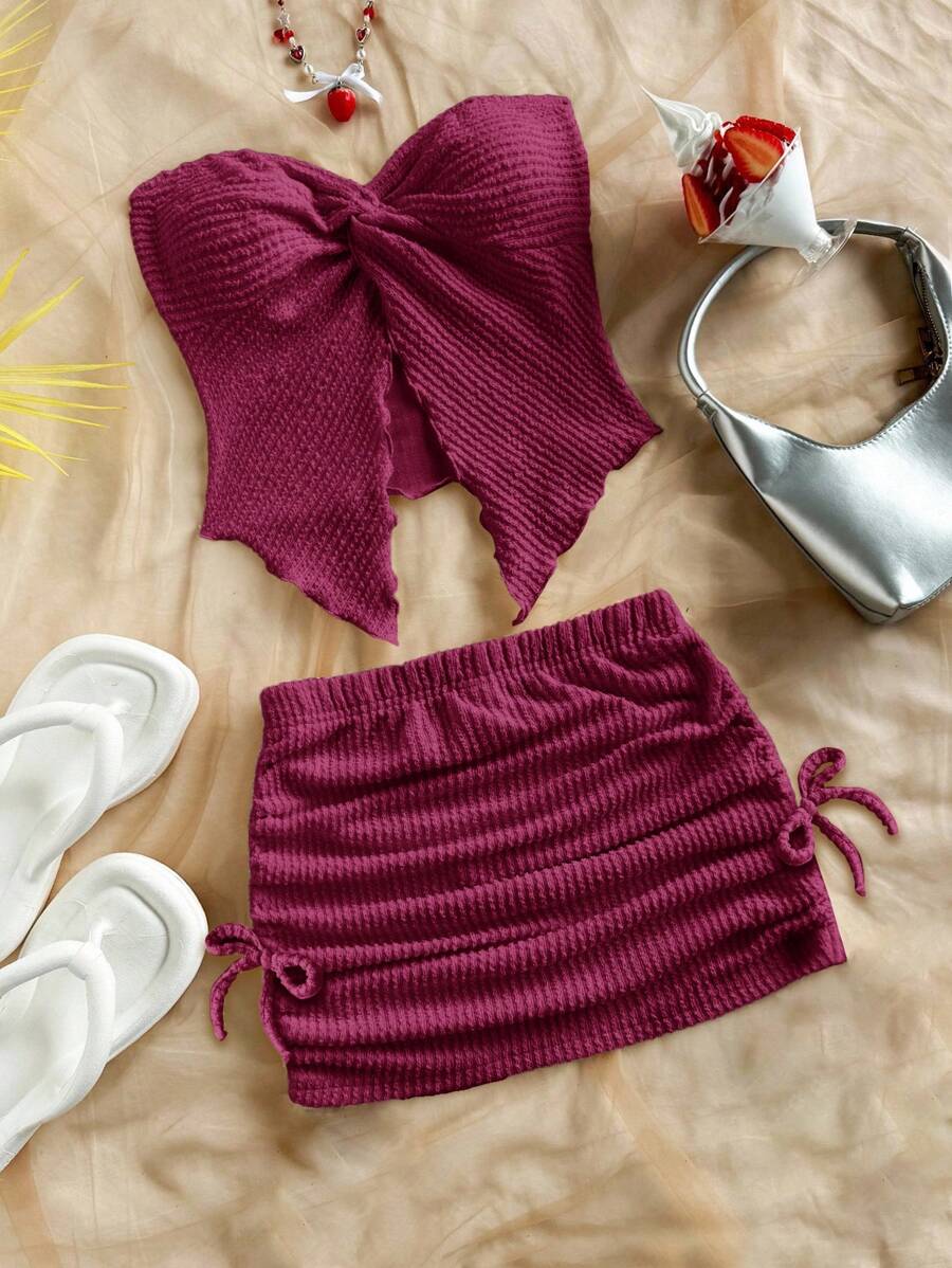 SHEIN Tween Girl Loose Casual Minimalist Comfortable Asymmetric Hem Tank Top And Skirt 2 Pieces Set