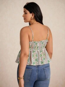 Elaquor Plus Size Women's Ditsy Floral Frill Trim Camisole Top - Green - View 2