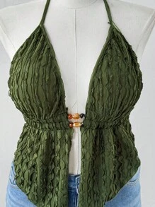 Sunspun Y2K American Punk Textured Spaghetti Strap Tie Strap Camisole For Women - Green - View 4